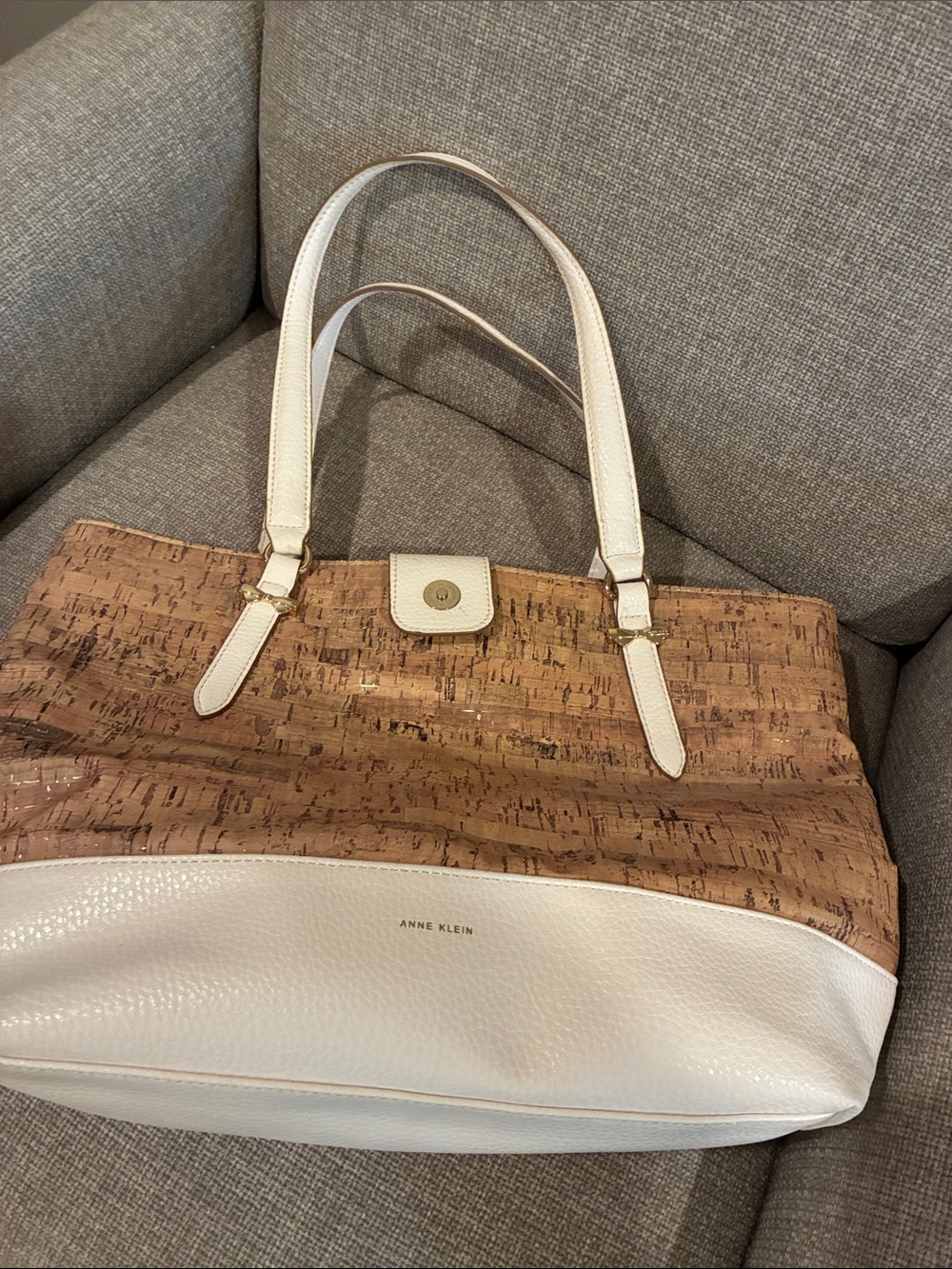 Anne Klein Cork-Trim Tote in White and Brown